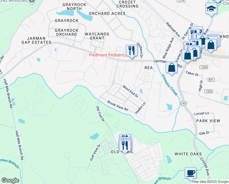 map of restaurants, bars, coffee shops, grocery stores, and more near 217 Grass Dale Lane in Crozet