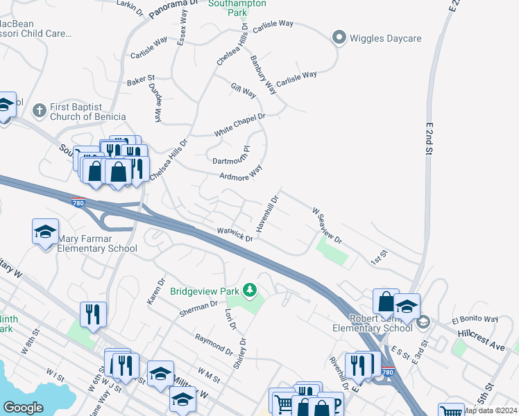 map of restaurants, bars, coffee shops, grocery stores, and more near 2261 Clearview Circle in Benicia