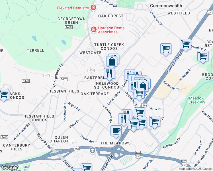 map of restaurants, bars, coffee shops, grocery stores, and more near 1902 Inglewood Drive in Charlottesville
