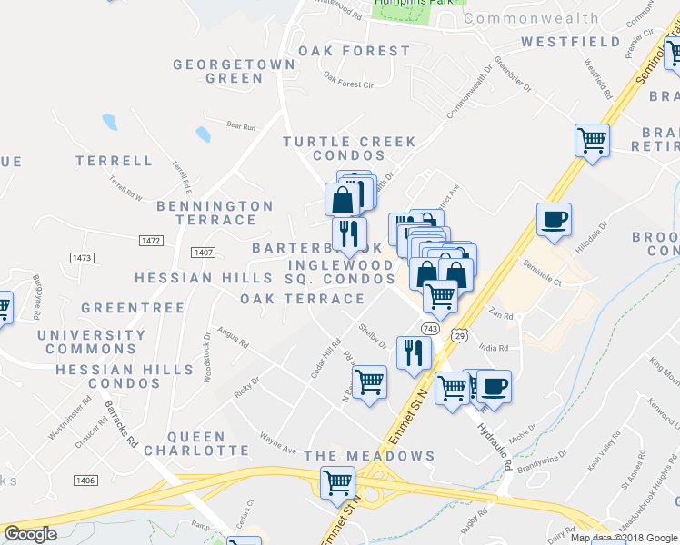 map of restaurants, bars, coffee shops, grocery stores, and more near 1902 Inglewood Drive in Charlottesville