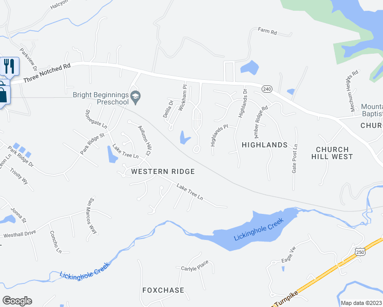 map of restaurants, bars, coffee shops, grocery stores, and more near 1572 Wickham Pond Drive in Charlottesville