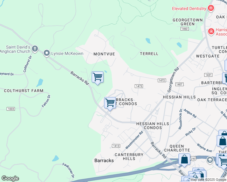 map of restaurants, bars, coffee shops, grocery stores, and more near 445 Burgoyne Road in Charlottesville
