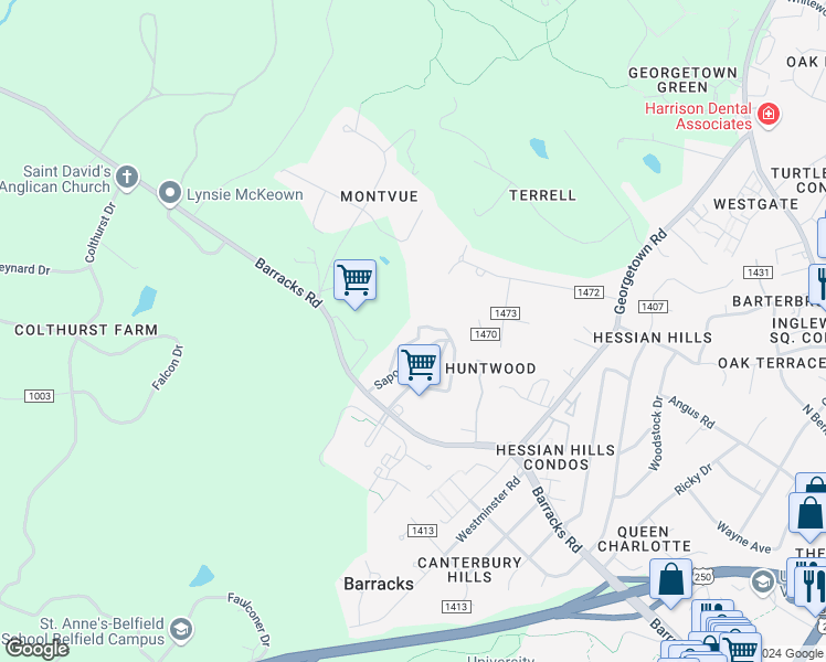 map of restaurants, bars, coffee shops, grocery stores, and more near 445 Burgoyne Road in Charlottesville