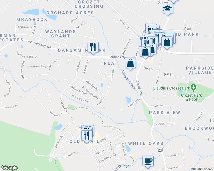 map of restaurants, bars, coffee shops, grocery stores, and more near 1085 Haden Terrace in Crozet