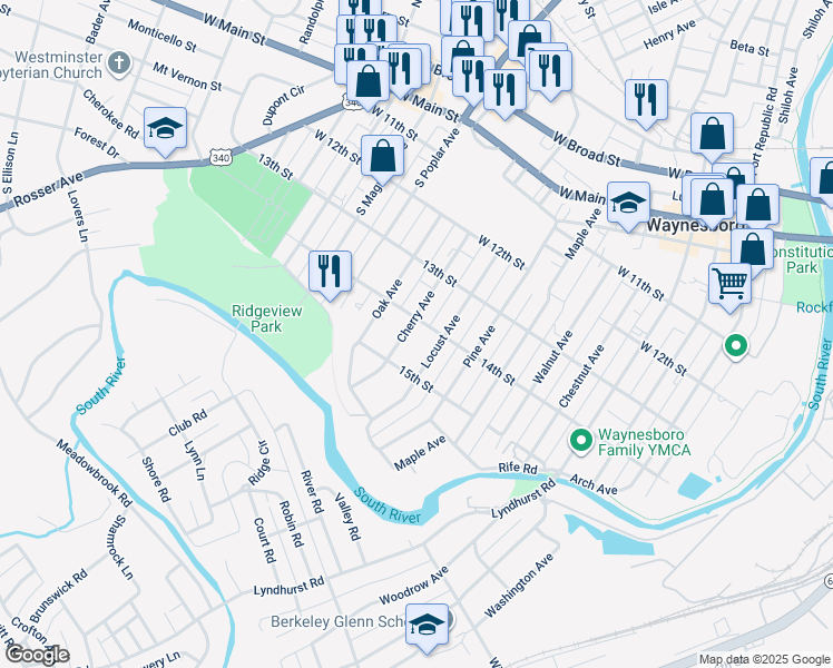 map of restaurants, bars, coffee shops, grocery stores, and more near 604 Cherry Avenue in Waynesboro