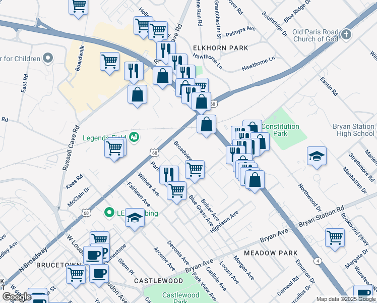 map of restaurants, bars, coffee shops, grocery stores, and more near 241 Broadview Drive in Lexington