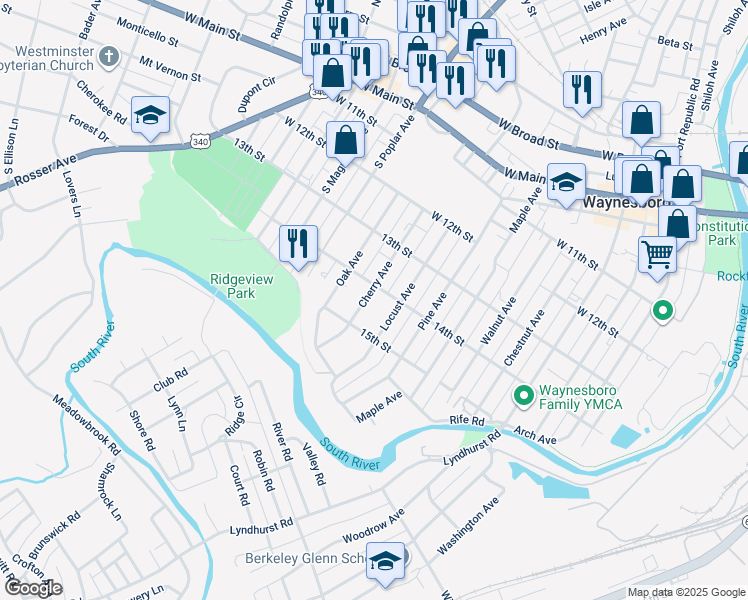 map of restaurants, bars, coffee shops, grocery stores, and more near 604 Cherry Avenue in Waynesboro