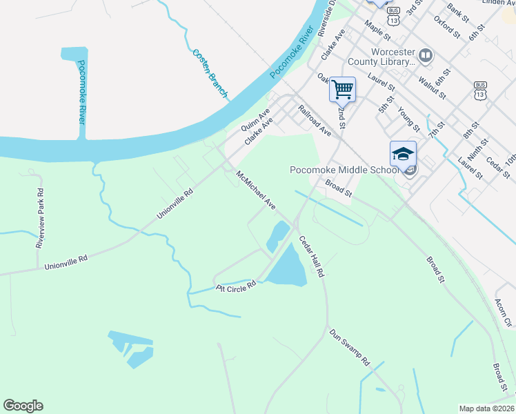 map of restaurants, bars, coffee shops, grocery stores, and more near 2027 Clementine Street in Pocomoke City