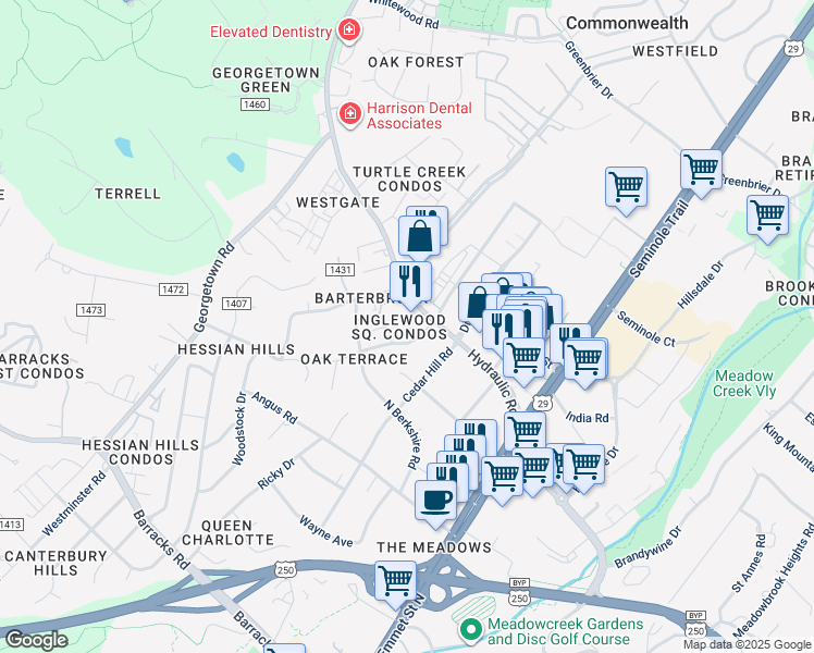 map of restaurants, bars, coffee shops, grocery stores, and more near 1908 Inglewood Drive in Charlottesville