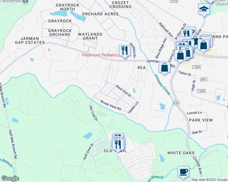 map of restaurants, bars, coffee shops, grocery stores, and more near 7029 Hampstead Drive in Crozet