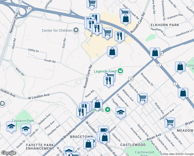 map of restaurants, bars, coffee shops, grocery stores, and more near 1112 Faith Street in Lexington