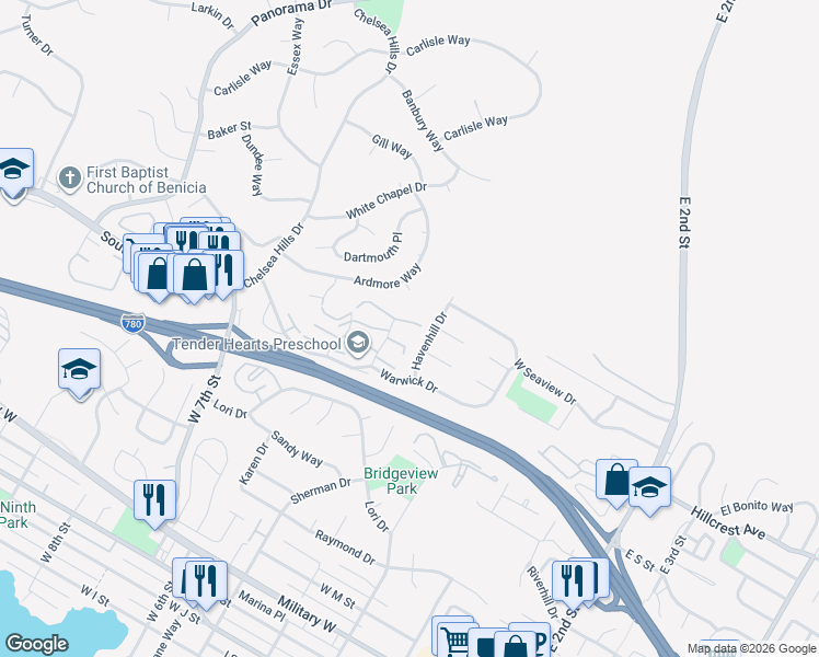 map of restaurants, bars, coffee shops, grocery stores, and more near 2271 Clearview Circle in Benicia