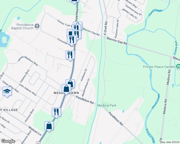 map of restaurants, bars, coffee shops, grocery stores, and more near 13110 Meadowlawn Drive in Louisville