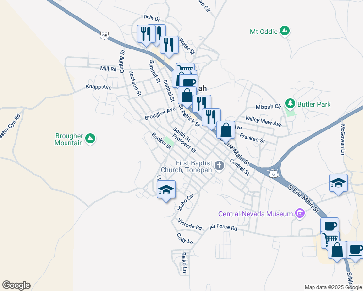 map of restaurants, bars, coffee shops, grocery stores, and more near 210 University Street in Tonopah