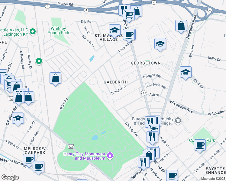 map of restaurants, bars, coffee shops, grocery stores, and more near 417 Douglas Avenue in Lexington