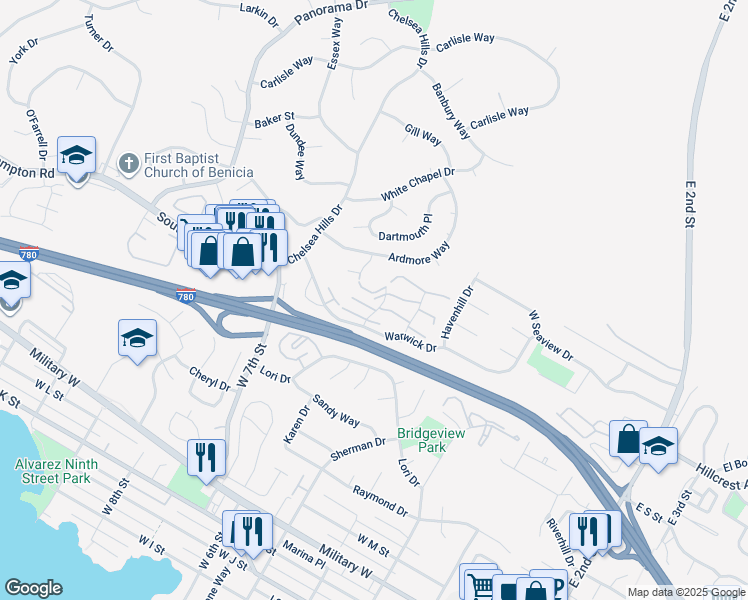 map of restaurants, bars, coffee shops, grocery stores, and more near 125 Sunset Circle in Benicia