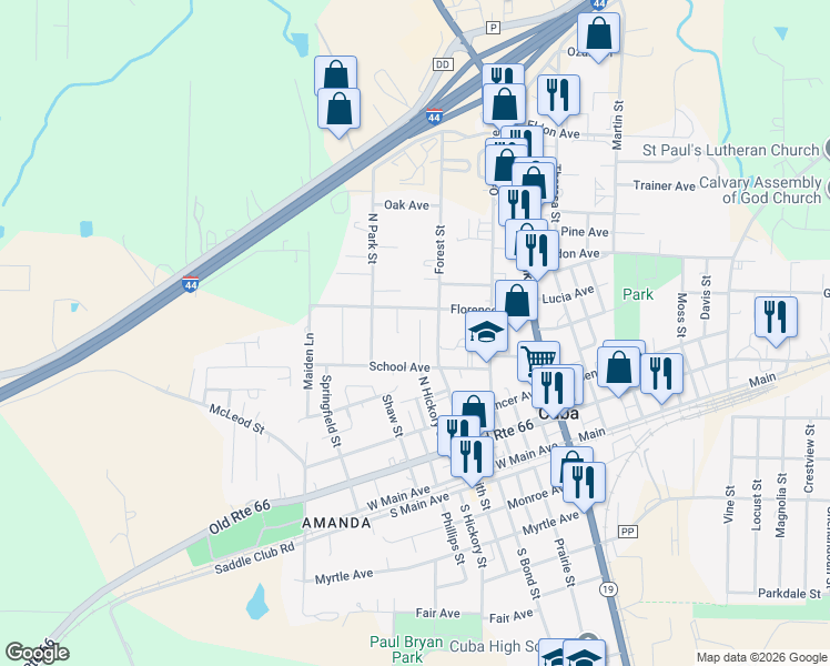 map of restaurants, bars, coffee shops, grocery stores, and more near 411 Cox Drive in Cuba