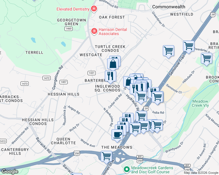 map of restaurants, bars, coffee shops, grocery stores, and more near 1908 Inglewood Drive in Charlottesville