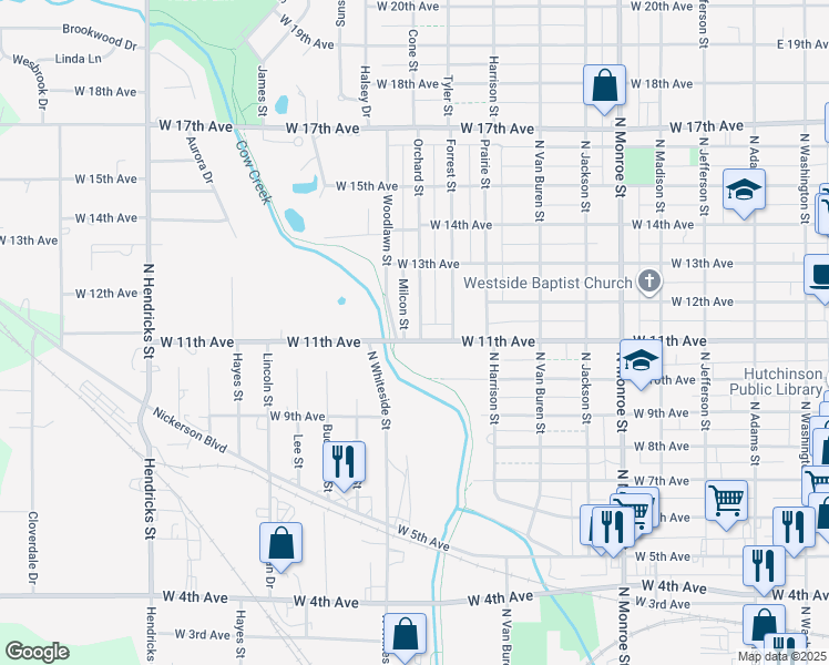 map of restaurants, bars, coffee shops, grocery stores, and more near 1107 Orchard Street in Hutchinson