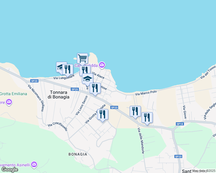 map of restaurants, bars, coffee shops, grocery stores, and more near 29 Via Achille in Tonnara di Bonagia