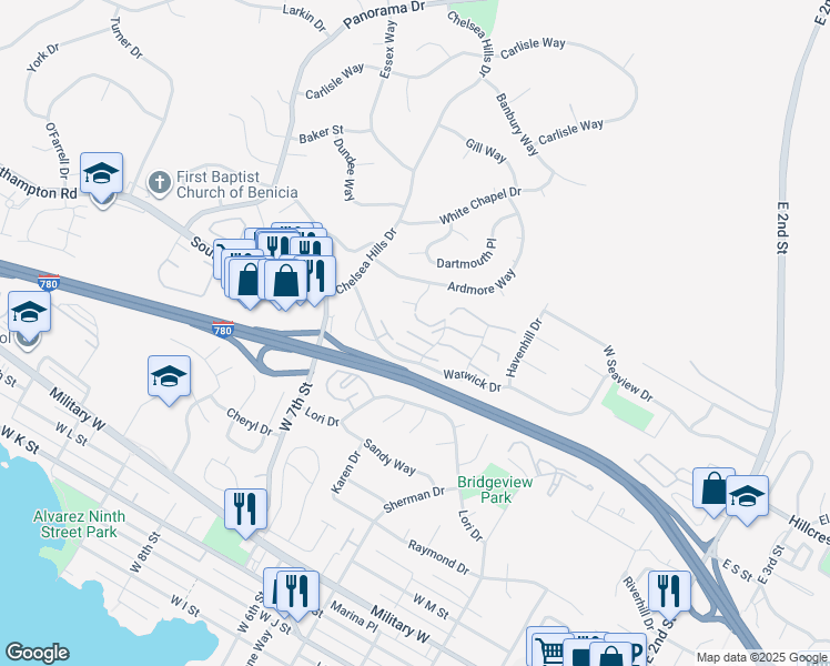 map of restaurants, bars, coffee shops, grocery stores, and more near 117 Sunset Circle in Benicia