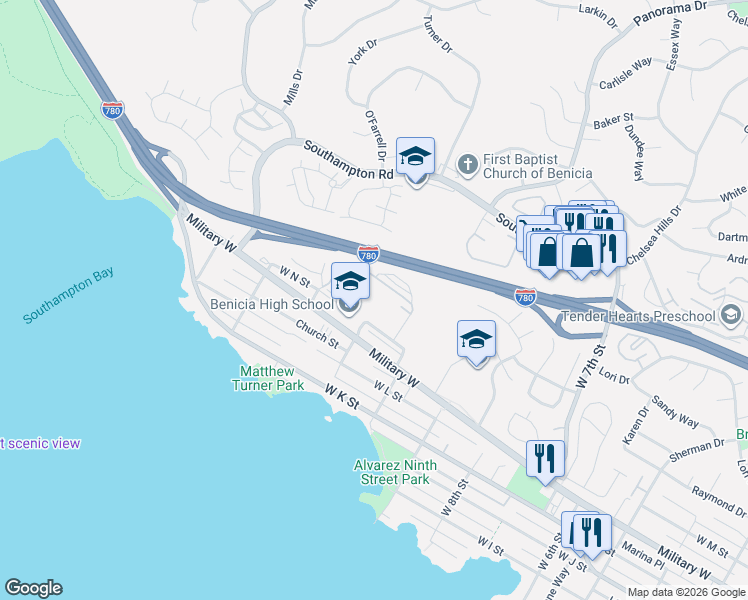 map of restaurants, bars, coffee shops, grocery stores, and more near 1101 Military West in Benicia
