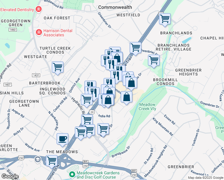 map of restaurants, bars, coffee shops, grocery stores, and more near 113-119 Seminole Court in Charlottesville