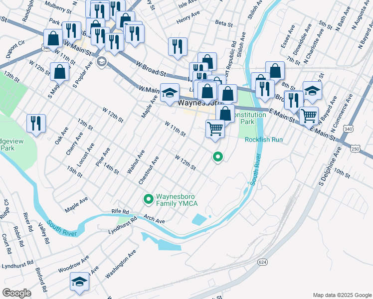 map of restaurants, bars, coffee shops, grocery stores, and more near 332 South Wayne Avenue in Waynesboro