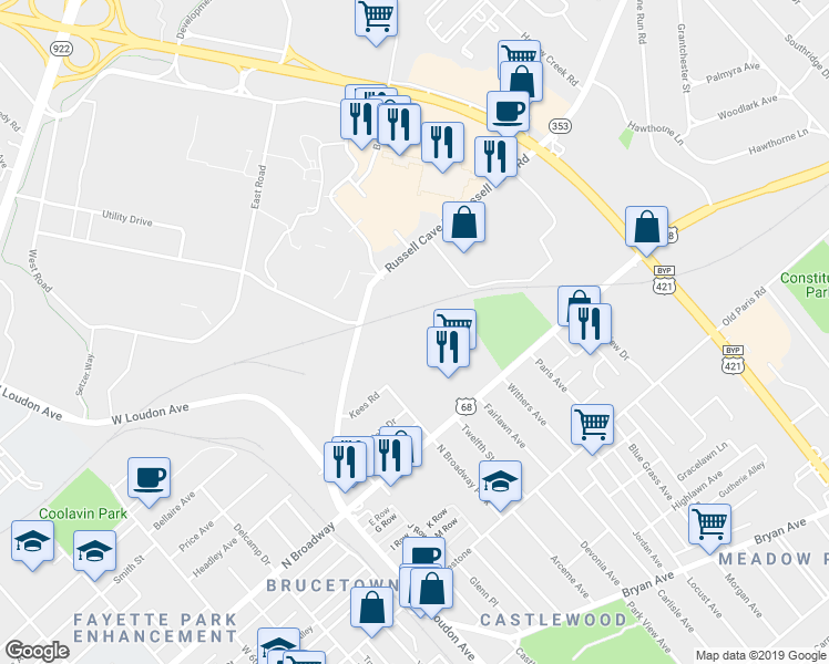 map of restaurants, bars, coffee shops, grocery stores, and more near 1132 Kees Road in Lexington