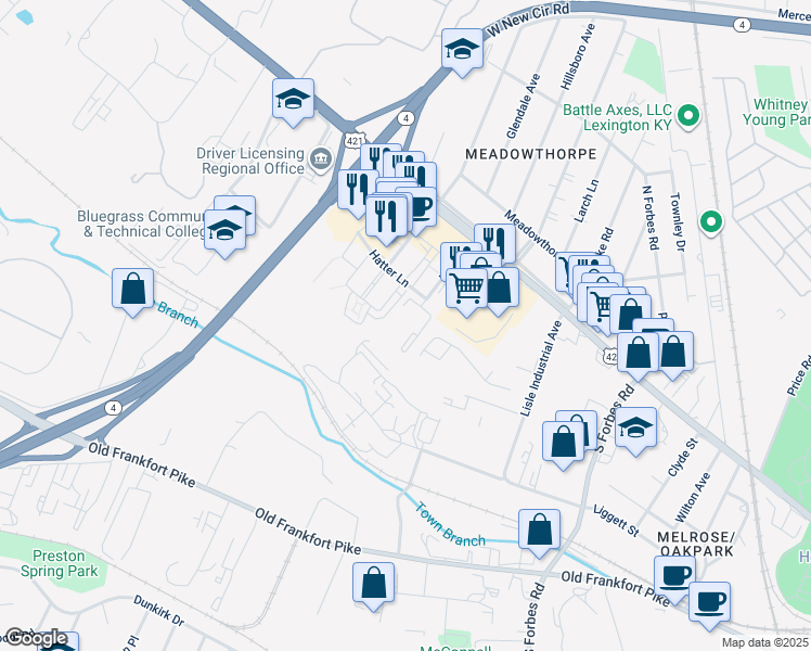 map of restaurants, bars, coffee shops, grocery stores, and more near 158 Louie Place in Lexington