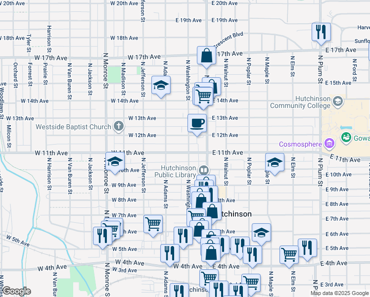 map of restaurants, bars, coffee shops, grocery stores, and more near 1107 North Washington Street in Hutchinson