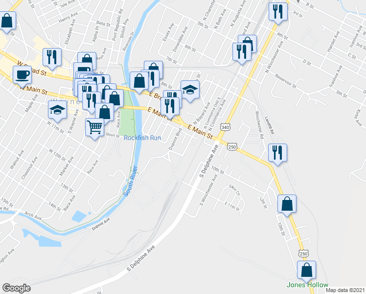 map of restaurants, bars, coffee shops, grocery stores, and more near 158 South Bayard Avenue in Waynesboro