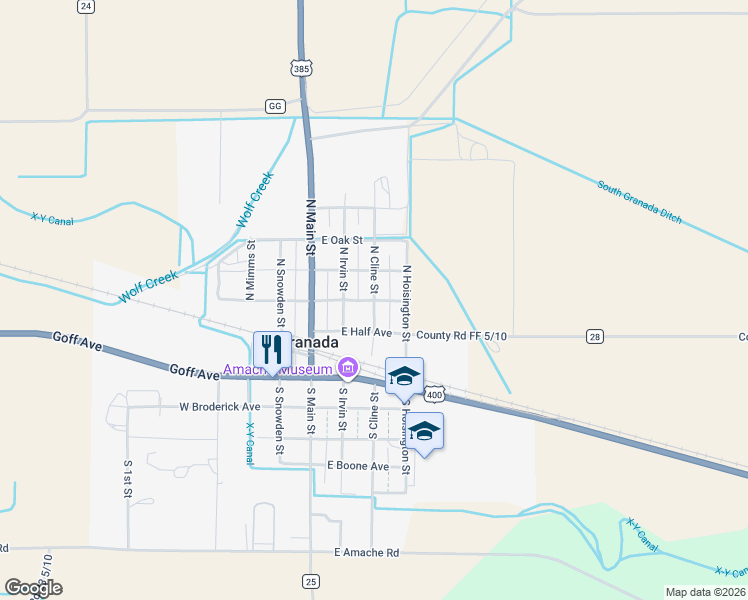 map of restaurants, bars, coffee shops, grocery stores, and more near 201 North Cline Street in Granada