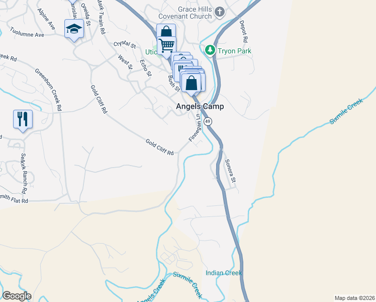 map of restaurants, bars, coffee shops, grocery stores, and more near 1475 Finnigan Lane in Angels Camp