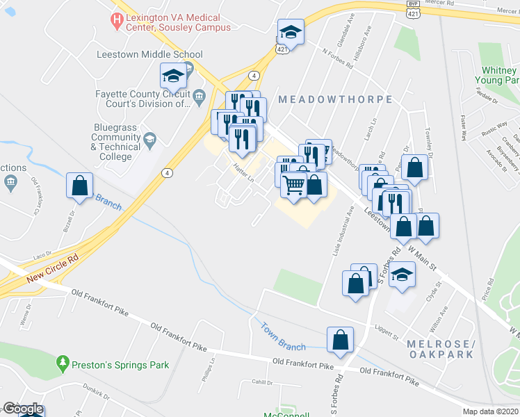 map of restaurants, bars, coffee shops, grocery stores, and more near 158 Louie Place in Lexington