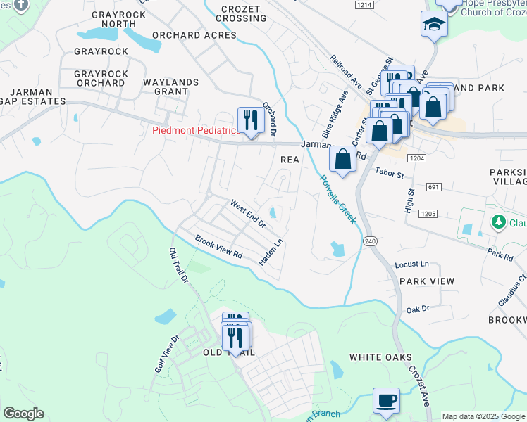 map of restaurants, bars, coffee shops, grocery stores, and more near 532 Summerford Lane in Crozet