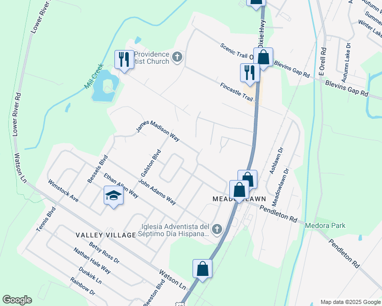 map of restaurants, bars, coffee shops, grocery stores, and more near 6802 James Madison Way in Louisville