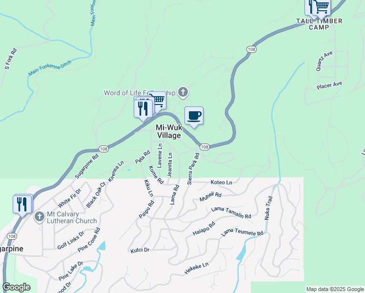 map of restaurants, bars, coffee shops, grocery stores, and more near 20665 Chief Fuller Road in Mi-Wuk Village