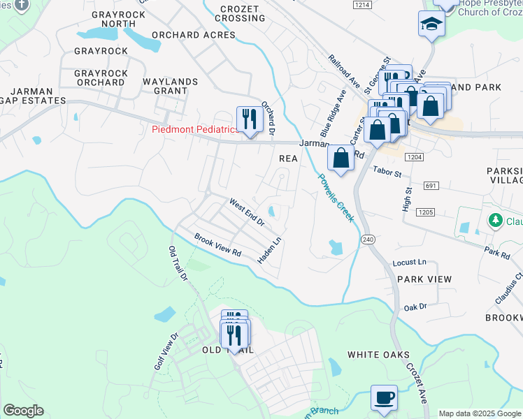 map of restaurants, bars, coffee shops, grocery stores, and more near 532 Summerford Lane in Crozet