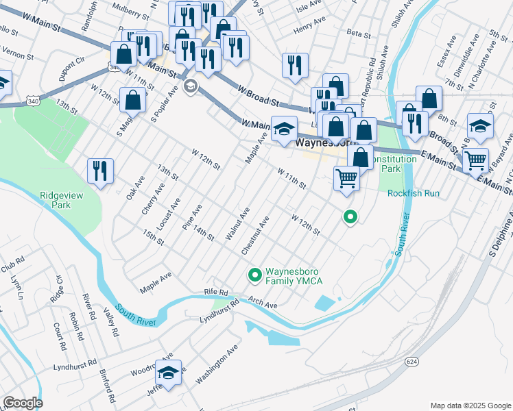 map of restaurants, bars, coffee shops, grocery stores, and more near 416 Walnut Ave in Waynesboro