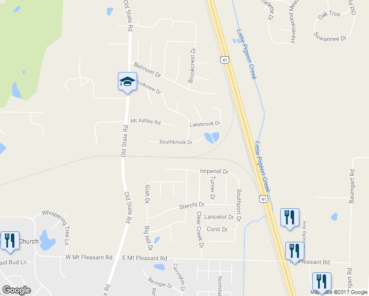 map of restaurants, bars, coffee shops, grocery stores, and more near 525 Southbrook Drive in Evansville