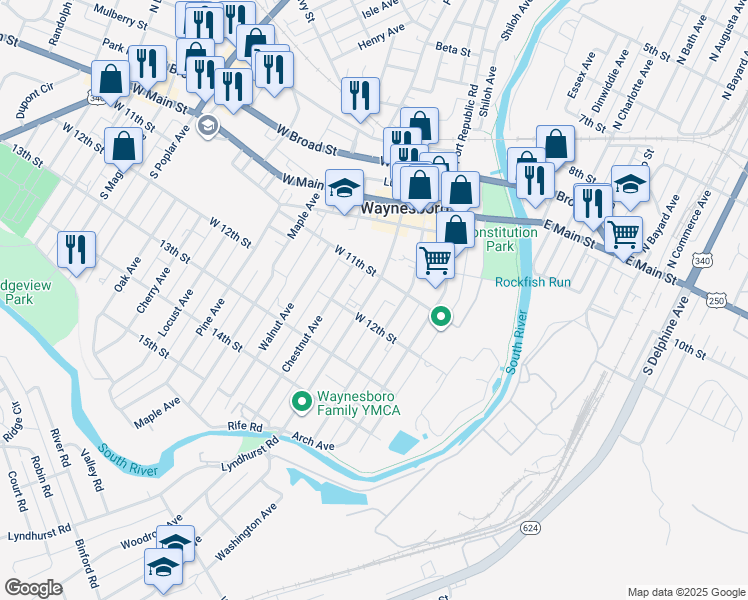 map of restaurants, bars, coffee shops, grocery stores, and more near 332 South Wayne Avenue in Waynesboro