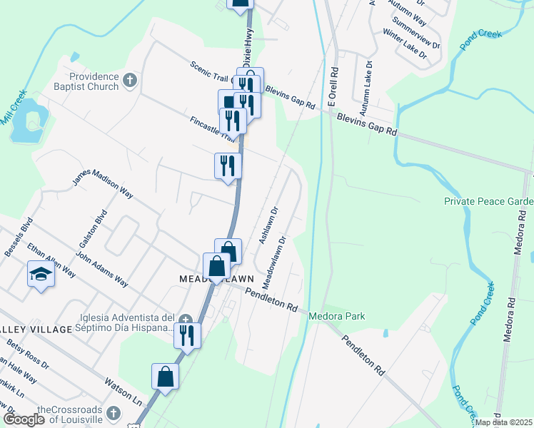 map of restaurants, bars, coffee shops, grocery stores, and more near 13108 Ashlawn Drive in Louisville