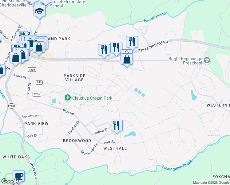map of restaurants, bars, coffee shops, grocery stores, and more near 5416 Leon Lane in Crozet