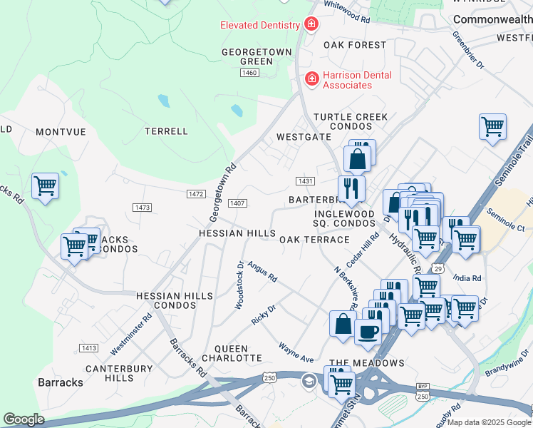 map of restaurants, bars, coffee shops, grocery stores, and more near 1708 Solomon Road in Charlottesville