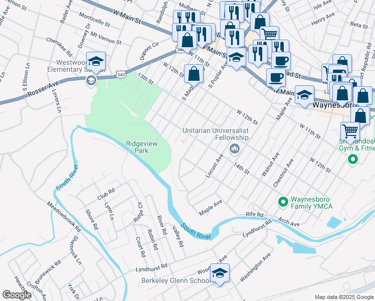 map of restaurants, bars, coffee shops, grocery stores, and more near Oak Avenue in Waynesboro