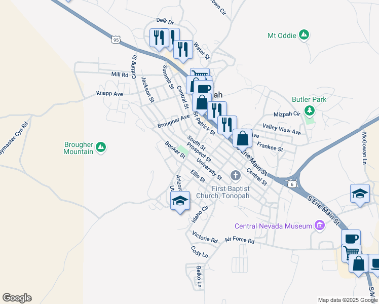 map of restaurants, bars, coffee shops, grocery stores, and more near 210 University Street in Tonopah