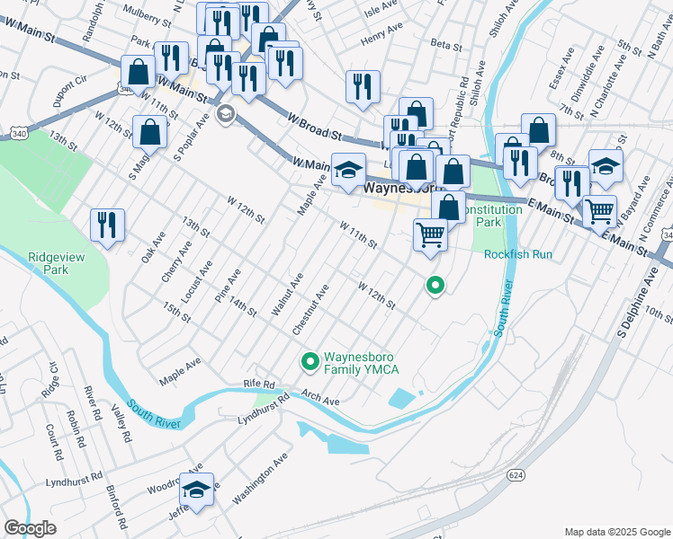 map of restaurants, bars, coffee shops, grocery stores, and more near West 12th Street in Waynesboro