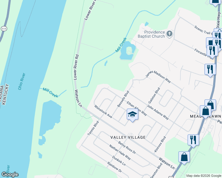 map of restaurants, bars, coffee shops, grocery stores, and more near 7309 Ethan Allen Way in Louisville