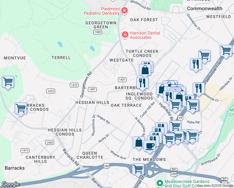 map of restaurants, bars, coffee shops, grocery stores, and more near 1713 Solomon Road in Charlottesville